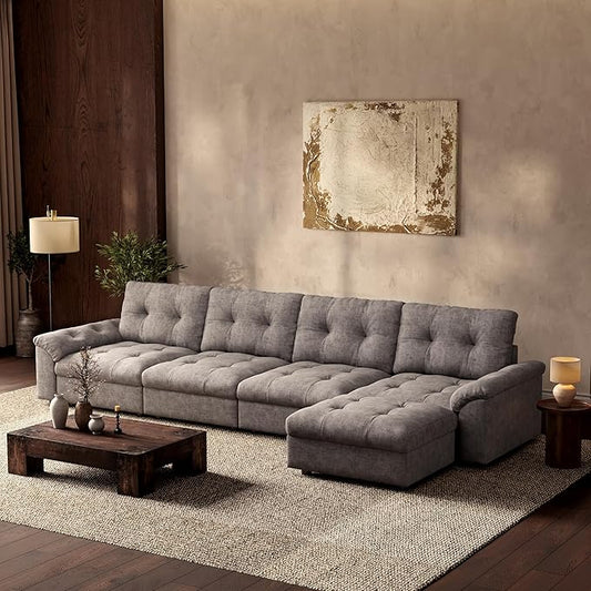 Oversized Modular Sectional Sofa with Storage, Modern Deep Seat Cloud Couch for Living Room, L-Shaped Large Sectional Couch, 4 Seater with Ottoman, Gray