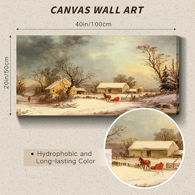 crmotu Large Landscape Wall Art, Farmhouse Wall Decor, Winter Wall Art, Snowy Farm Canvas Painting, Vintage Aesthetic Pictures for Living Room Bathroom Bedroom Kitchen Art Prints 20"X40"