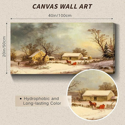 crmotu Large Landscape Wall Art, Farmhouse Wall Decor, Winter Wall Art, Snowy Farm Canvas Painting, Vintage Aesthetic Pictures for Living Room Bathroom Bedroom Kitchen Art Prints 20"X40"