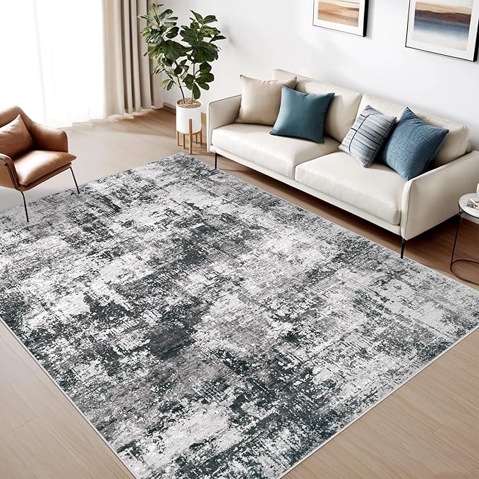 5x7 Area Rug for Living Room: Washable Abstract Soft Rugs Non Slip Modern Stain Resistant Low Pile Carpet for Dining Room Bedroom Nursery Office (Black Grey, 5'x7')