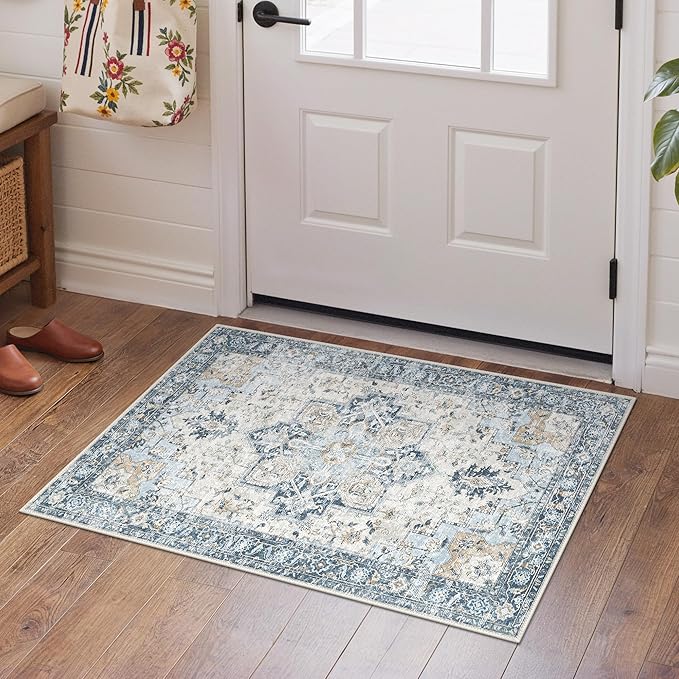 GENIMO 29"x17" Area Rugs for Living Room, Machine Washable Non Slip Vintage Rugs, Low Pile Soft Chenille Print Rug for Bedroom, Dining Room, Home Office, Blue