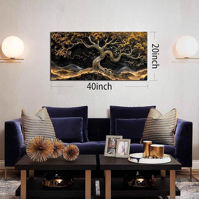 Gold Trees Canvas Wall Art for Living Room - Black Art Wall Decor for Bedroom - Office Artwork Wall Decor Size 20" x 40"