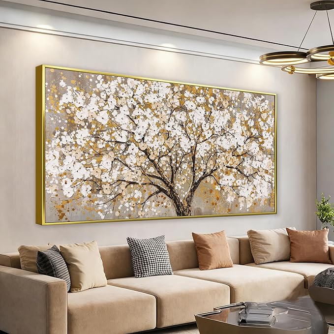 Large Gold Framed Wall Art Print Gold Abstract Tree Of Life Framed Modern Artwork Canvas Painting Gold Tree Pictures Home Decor Ready To Hang For Bedroom Living Room 29" X 58"