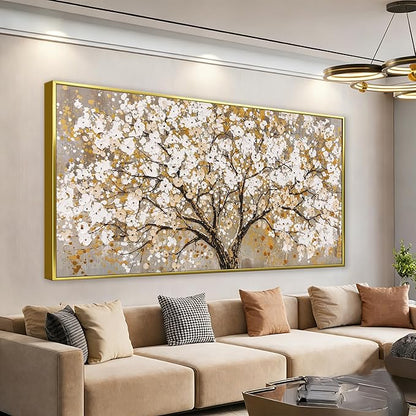 Large Gold Framed Wall Art Print Gold Abstract Tree Of Life Framed Modern Artwork Canvas Painting Gold Tree Pictures Home Decor Ready To Hang For Bedroom Living Room 29" X 58"
