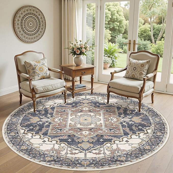 8ft Round Rug for Living Room: 8x8 Washable Vintage Blue Beige Area Rug, Large Non Slip Soft Stain Resistant Indoor Floor Carpet for Bedroom Dining Decor Home Office Kid & Pet Friendly