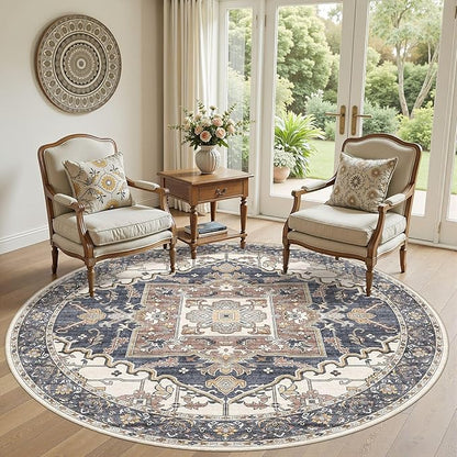 8ft Round Rug for Living Room: 8x8 Washable Vintage Blue Beige Area Rug, Large Non Slip Soft Stain Resistant Indoor Floor Carpet for Bedroom Dining Decor Home Office Kid & Pet Friendly