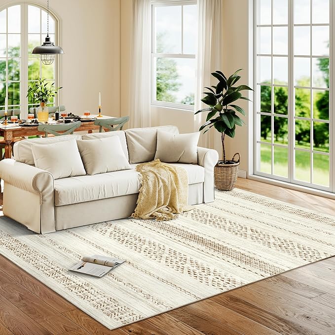 Miukiki 5x7 Area Rug for Living Room Moroccan Washable Rugs Non Slip Indoor Floor Carpet Foldable Large Soft Area Rug for Dining Room Bedroom with Low Pile(Brown,5'x7')