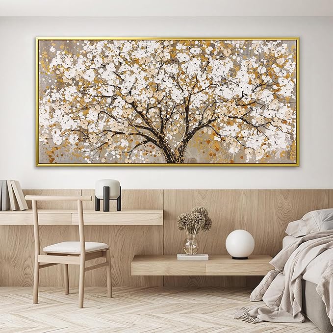 Large Gold Framed Wall Art Print Gold Abstract Tree Of Life Framed Modern Artwork Canvas Painting Gold Tree Pictures Home Decor Ready To Hang For Bedroom Living Room 29" X 58"