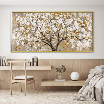 Large Gold Framed Wall Art Print Gold Abstract Tree Of Life Framed Modern Artwork Canvas Painting Gold Tree Pictures Home Decor Ready To Hang For Bedroom Living Room 29" X 58"