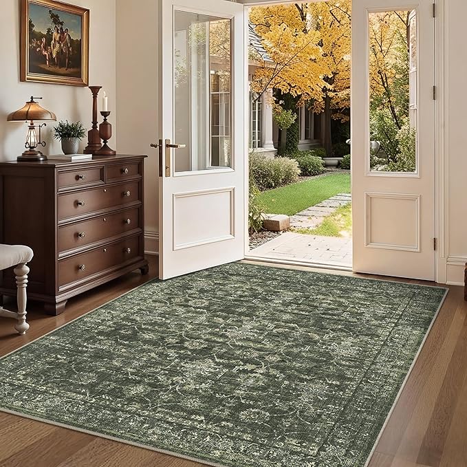 4x5 Green Washable Area Rugs for Living Room Vintage Boho Non Slip Rug Distressed Floral Carpet Indoor Retro Soft Low Pile Farmhouse Throw Rug for Bedroom Dining Room Nursery Office