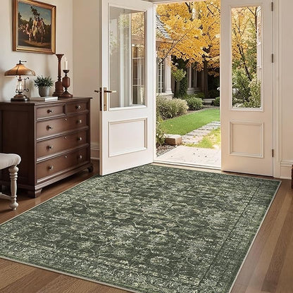 4x5 Green Washable Area Rugs for Living Room Vintage Boho Non Slip Rug Distressed Floral Carpet Indoor Retro Soft Low Pile Farmhouse Throw Rug for Bedroom Dining Room Nursery Office