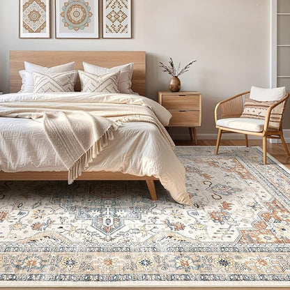 LOONGRUG 12x18 Rug Living Room: Washable Boho Large Neutral Vintage Soft Area Rug Stain Resistant Distressed Non-Slip Indoor Floor Carpet for Bedroom Nursery Playroom Office Dining Room- Beige Blue