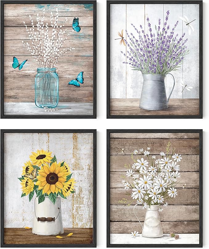 HAUS AND HUES Flower Wall Decor - Set of 4 Floral Wall Art, Framed Flower Painting, Floral Pictures for Kitchen, Bedroom, Living Room (Black Frame, 16x20)