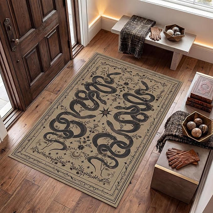 Garvee Snake Gothic 6x9 Area Rug Dark Whimsical Moody Witchy Unique Soft Thin Large Carpet for Living Room Bedroom Dining Room Playroom Indoor Decor Low Pile TPE Backing Taupe