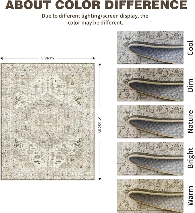 3x5 Rug,Ultra-Thin Washable Rugs for Living Room, Stain Resistant Entryway Rug,Non-Slip Area Rugs, Vintage Small Rugs (Brown/Ivory,3'x5')