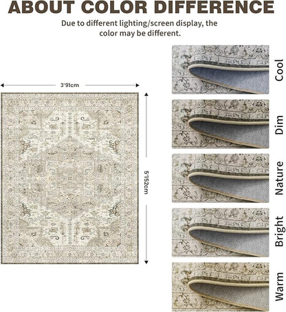 3x5 Rug,Ultra-Thin Washable Rugs for Living Room, Stain Resistant Entryway Rug,Non-Slip Area Rugs, Vintage Small Rugs (Brown/Ivory,3'x5')