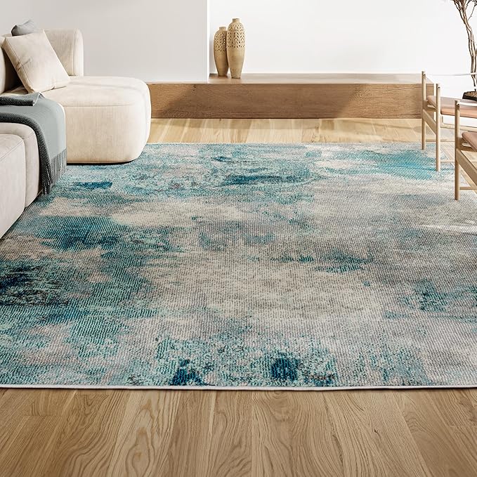JONATHAN Y Modern Abstract Vintage Cream/Blue 5' Round Indoor Area Rug, Contemporary POP, Transitional, Easy-Cleaning for Living Room, Bedroom, Kitchen, Pet Friendly, Non-Shedding (CTP104A-5R)