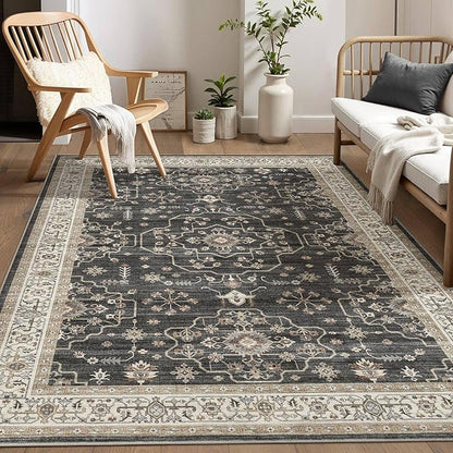 Area Rug for Living Room - 5x7 Soft Washable Oriental Vintage Floral Distressed Large Carpet - Fade Stain Resistant Non Slip Rugs for Bedroom Dining Room Nursery Dorm Office Home Decor - Black