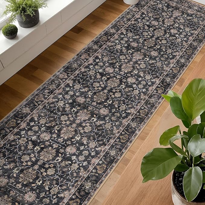 KUTA Extra Long Runner Rug for Hallway 2.6x20ft, Vintage Washable Kitchen Rugs, Brown Non-Slip Stair Runners Indoor Soft Printed Floral Carpet for Bedroom Living Room Nursery