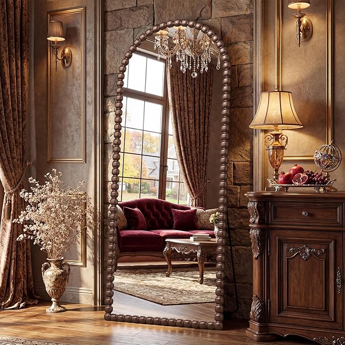Antok 71" x 28" Arched Full Length Mirror, Antique Beaded Frame Floor Standing or Wall Mounted Mirror with Stand for Bedroom, Entryway, Brown, Luxury Style