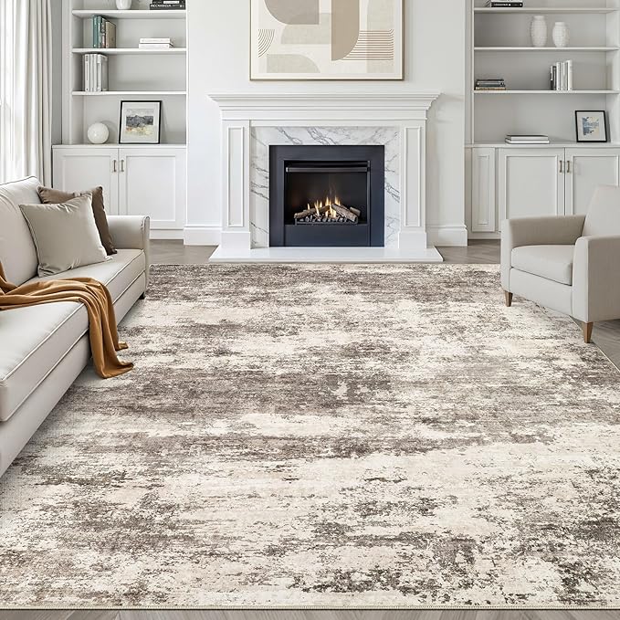 9x12 Area Rugs Living Room: Washable Large Neutral Rug Abstract Soft Modern Stain Resistant Indoor Floor Non-Slip Carpet for Bedroom Nursery Kids Office Playroom Dining Room Under Table- Mocha Brown