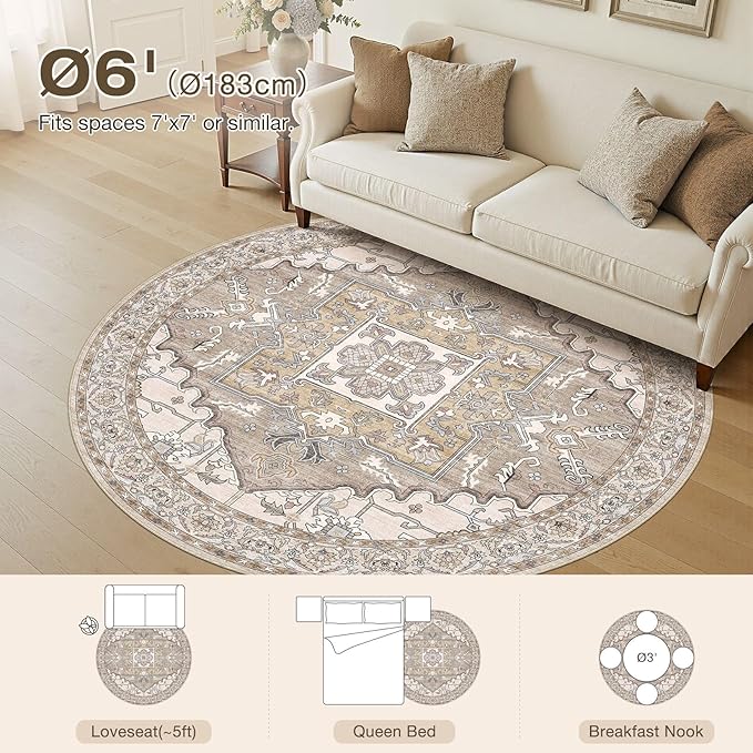 6ft Round Rug for Living Room: 6x6 Washable Vintage Brown Area Rug, Large Non Slip Soft Stain Resistant Indoor Floor Carpet for Bedroom Dining Decor Home Office Kid & Pet Friendly