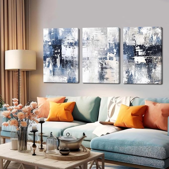 Abstract Blue and White Wall Art Set of 3, Modern Simple Navy Framed Canvas Prints Poster, Gray Painting Picture for Living Room, Bedroom, Office Wall Decor 16x24 Inch