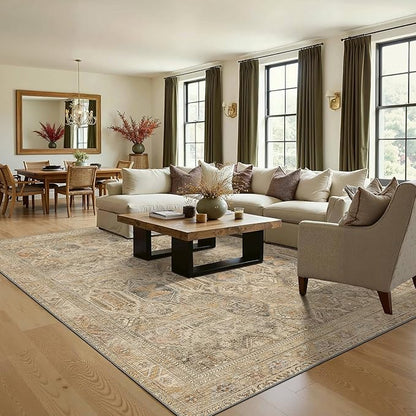 Bavni Washable Rug 3x5 Area Rug for Living Room Bedroom Dining, Washable Vintage Print Carpet, Ultra-Thin Chenille Low Pile Lightweight Rug with Non Slip Backing, Wood