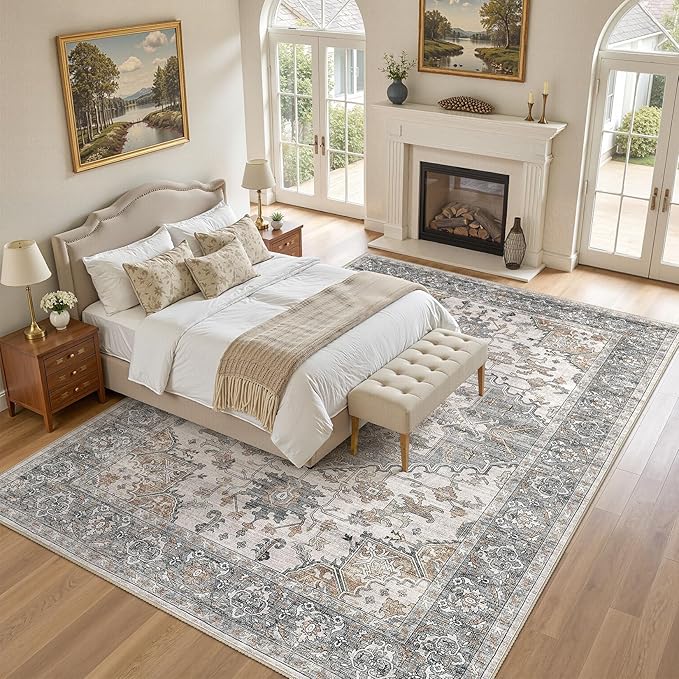 10x14 Washable Area Rugs for Living Room: Non Slip Vintage Gray Brown Rug, Large Soft Stain Resistant Indoor Floor Carpets for Bedroom Dining Room Nursery Home Office Kid & Pet Friendly
