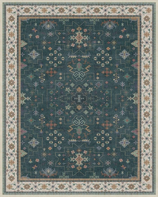 Hazo Haus Dark Green Vintage 8x10 Washable Rugs for Living Room - Dark Academia Victorian Floral Geometric Bedroom Rug, Ultra Soft Thin Low Pile Non-Slip Large Rugs for Dining Room Under Table Lounge