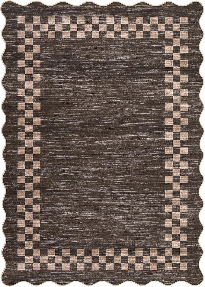 Small Area Rug 2x3 Modern Checkered Entry Rug Solid Color Scalloped Kitchen Rugs Washable Bedroom Doormat Non Slip Stain Resistant Bordered Throw Carpet for Living Room Nursery Laundry, Brown