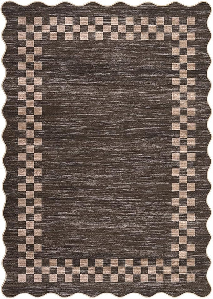 Small Area Rug 2x3 Modern Checkered Entry Rug Solid Color Scalloped Kitchen Rugs Washable Bedroom Doormat Non Slip Stain Resistant Bordered Throw Carpet for Living Room Nursery Laundry, Brown