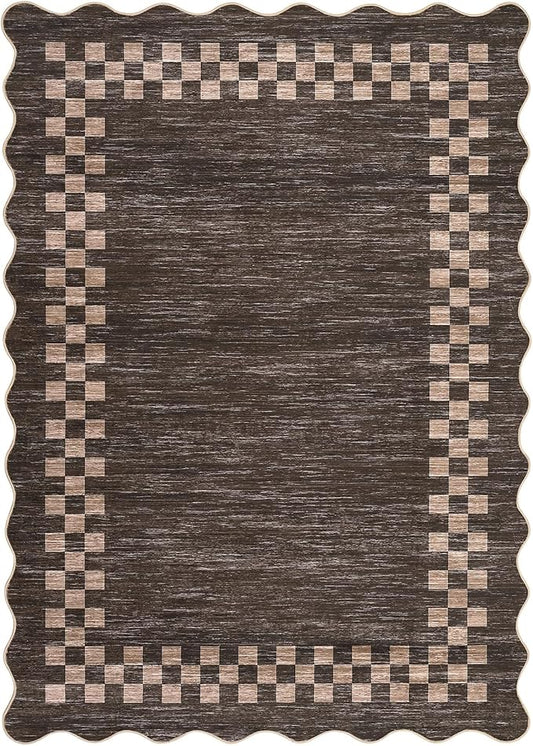 Small Area Rug 2x3 Modern Checkered Entry Rug Solid Color Scalloped Kitchen Rugs Washable Bedroom Doormat Non Slip Stain Resistant Bordered Throw Carpet for Living Room Nursery Laundry, Brown