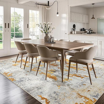 Washable 9x12 Area Rug: Modern Large Rugs for Living Room Dining Room Bedroom Office Indoor - Non-Slip Carpet Home Decor - Orange Gold Grey