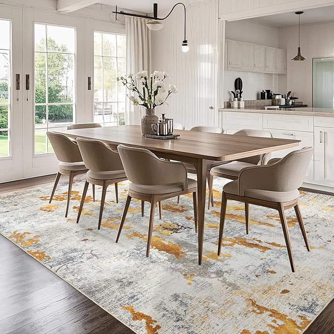 Washable 8x10 Area Rug: Modern Large Rugs for Living Room Dining Room Bedroom Office Indoor - Non-Slip Carpet Home Decor - Orange Gold Grey