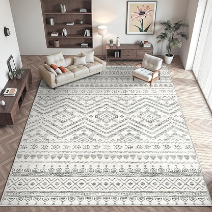 Miukiki 8x10 Area Rug for Living Room Moroccan Washable Rugs Non Slip Indoor Floor Carpet Foldable Large Soft Area Rug for Dining Room Bedroom with Low Pile(Grey,8'x10')