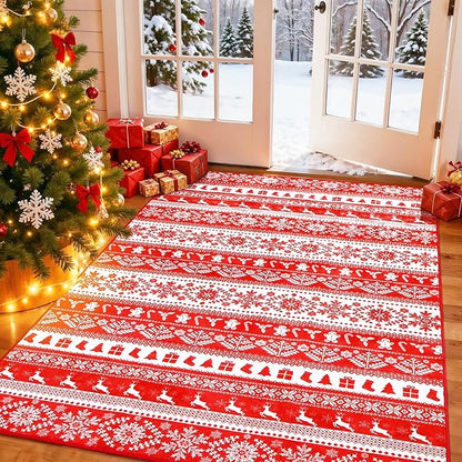 Area Rugs for Bedroom, 3x5 Ft Indoor Washable Rugs for Entryway Snowflake Print Living Room Carpet, Farmhouse Welcome Front Door Mat Non Slip Carpet for Entrance Porch Bath Kitchen, Red