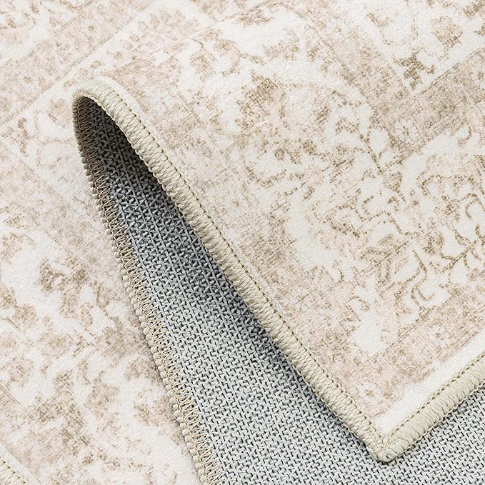 PureCozy Beige Area Rug 5x7 Machine Washable Vintage Living Room Distressed Non Slip Carpet Traditional Indoor Bedroom Retro Floral Accent Throw Large Rug for Office Kitchen Bathroom Dining Room