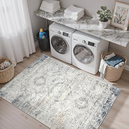 Soalmost 4x6 Area Rugs for Living Room, Vintage Washable Rugs for Dining Room, Bedroom, Home Office Decor, Non-Slip Blue Ivory Carpet Thin Rug