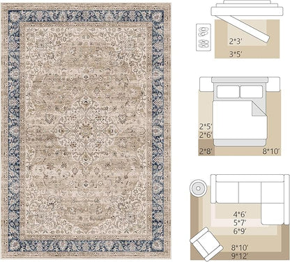 Entryway Rug 2x3 Brown Washable Vintage Entryway Area Rug Distressed Oriental Neutral Non Slip Low Pile Door Mat Soft Retro Small Throw Thin Indoor Carpet for Entry Entrance Kitchen Bathroom Bedroom