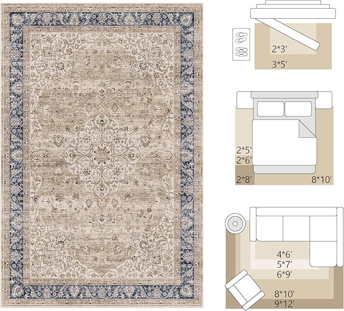 FMFUNCTEX 8x10 Brown Washable Area Rug Vintage Distressed Oriental Non Slip Low Pile Neutral Indoor Carpet for Living Room Bedroom Soft Retro Floral Thin Large Rug for Dining Nursery Office Dorm