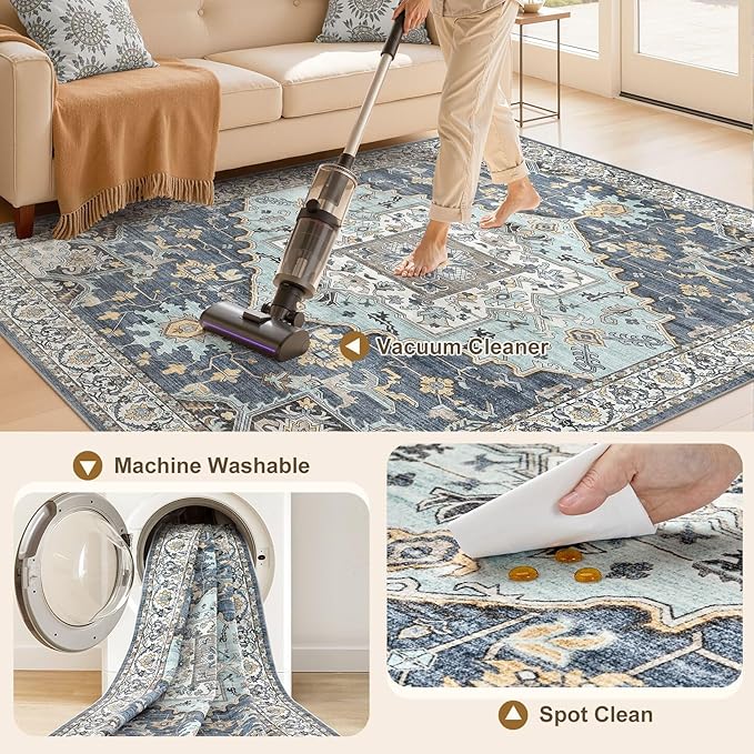 8x11 Washable Area Rugs for Living Room: Non Slip Vintage Blue Yellow Rug, Large Soft Stain Resistant Indoor Floor Carpets for Bedroom Dining Room Nursery Home Office Kid & Pet Friendly