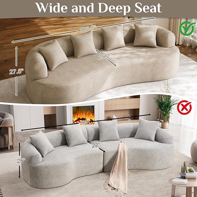 Oversized Sectional Sofa for Living Room, Modern Luxury Plush Chenille 4-Seater Extra Deep & Wide Seat Curved Cloud Couch with 4 Throw Pillows, No Assembly Needed, Light Brown