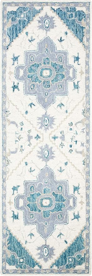 SAFAVIEH Micro-Loop Collection 2'3" x 8' IvoryNavy MLP503L Handmade Shabby Chic Medallion Premium Wool Entryway Foyer Living Room Kitchen Runner Rug