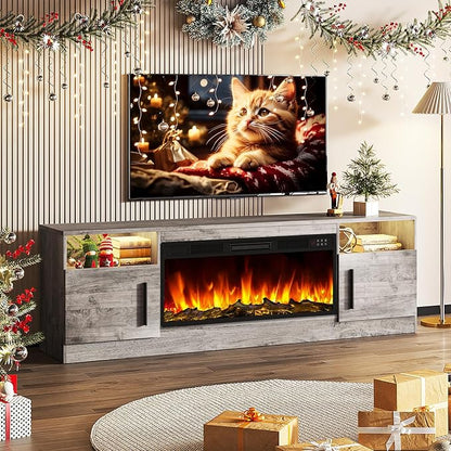 Tavata Fireplace TV Stand Entertainment Center with 36" Fireplace, 70" Wooden TV Console for TVs Up to 80", Modern TV Stands for Living Room with High Gloss Storage Cabinet and LED Lights (Grey)