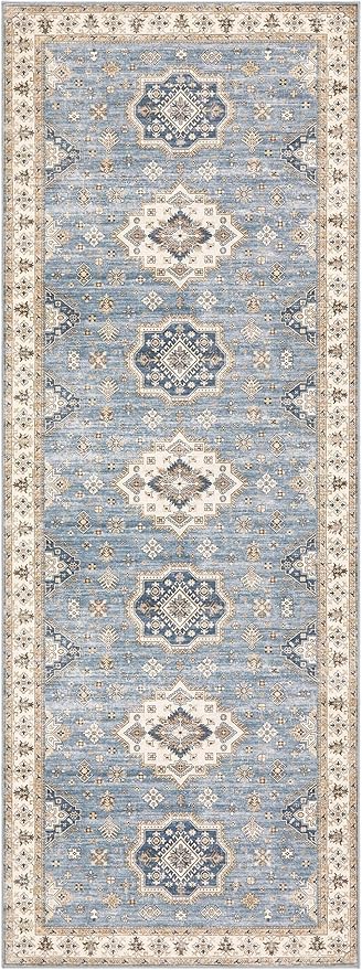 EIEIHOUSE Washable 2x6 Runner Rug - Area Rugs Neutral Vintage Distressed Floral Farmhouse Boho Large Soft Floor Rug Indoor Carpet for Hallway Entryway Bedroom Kitchen - Blue