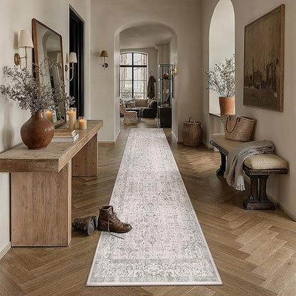 PureCozy Gray Runner Rug 2x14 Hallway Machine Washable Kitchen Vintage Distressed Non Slip Long Carpet Indoor Grey Retro Floral Bedroom Accent Throw Rug for Bathroom Office Laundry Dining Living Room