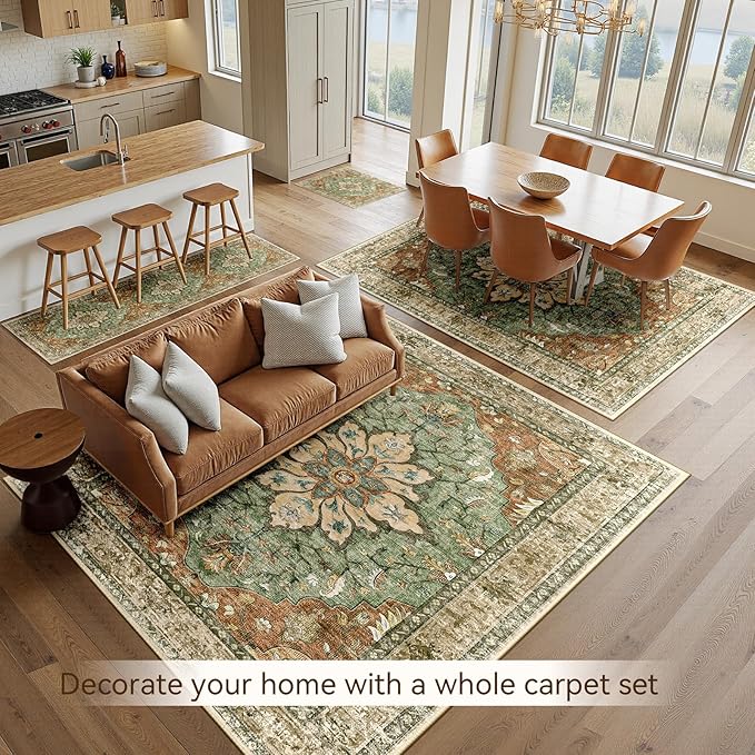 RELEANY Area Rugs 10'x14' Washable Non-Slip, Floral Vintage Distress Print Pattern Medallion Carpet for Living Room Bedroom Dining Room, Brick Red Rust Neutral Brown Burnt Orange Green