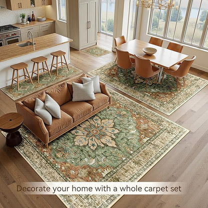 RELEANY Area Rugs 10'x12' Washable Non-Slip, Floral Vintage Distress Print Pattern Medallion Carpet for Living Room Bedroom Dining Room, Brick Red Rust Neutral Brown Burnt Orange Green