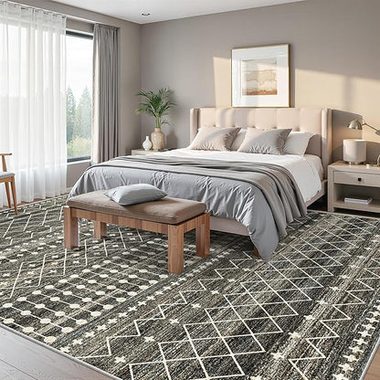 Miukiki 10x14 Area Rugs for Living Room Moroccan Washable Rugs Non Slip Indoor Floor Carpet Foldable Large Soft Area Rug with Low Pile for Dining Room Bedroom Office(Black,10'x14')